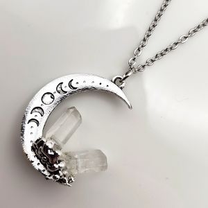 Free People Silver Moon Pendant Necklace with Clear Crystal Points